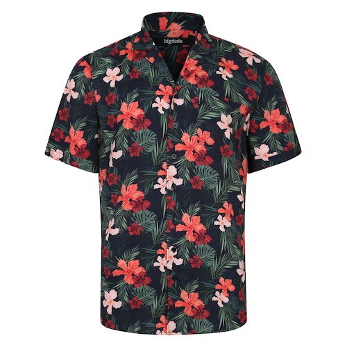 Bigdude Viscose Relaxed Collar Flower Shirt Navy Tall