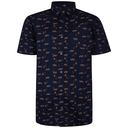 Bigdude Short Sleeve Cotton Woven Bear Print Shirt Navy/Brown