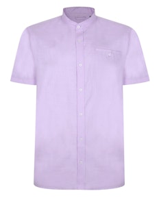 Bigdude Woven Linen Grandad Collar Short Sleeve Shirt Purple