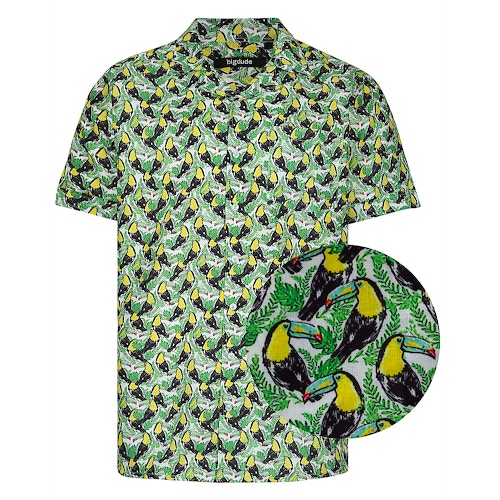 Bigdude Relaxed Collar All Over Toucan Print Woven Short Sleeve Shirt Green Tall