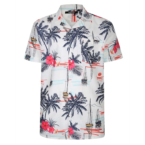 Bigdude Relaxed Collar All Over Floral Print Woven Short Sleeve Shirt White Tall