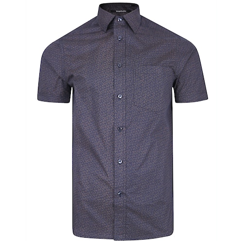 Bigdude Short Sleeve Cotton Woven Pattern Shirt Navy/Brown Tall
