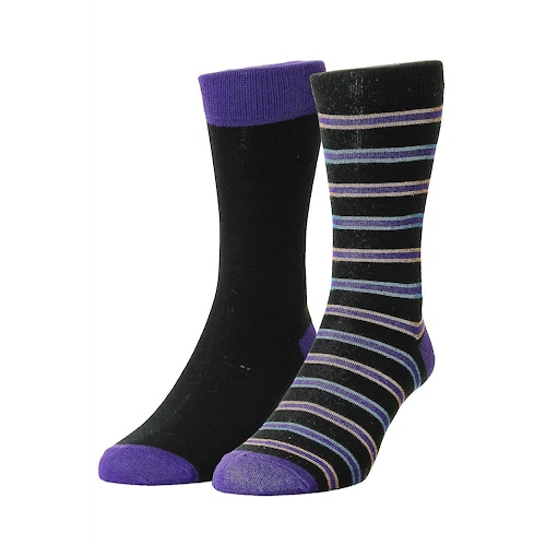 Hj Hall Stripe Twin Pack Socks Black/Purple