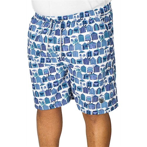Espionage Beach Hut Print Swim Shorts Blue/White