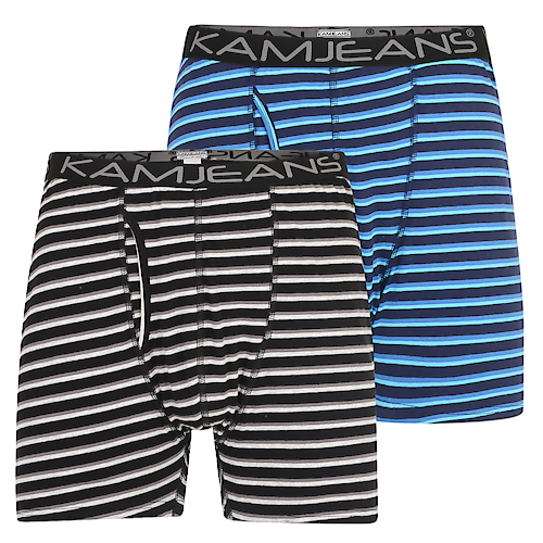 KAM Twin Pack Stripe Boxer Shorts Black/Navy