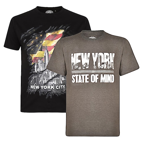 KAM New York Print T-Shirt Twin Pack Black/Charcoal