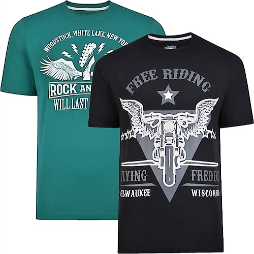 Kam T-Shirts mit Motorrad/Rock and Roll Print im Doppelpack 