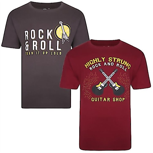 KAM Rock N Roll Print T-Shirts Doppelpack Grau & Weinrot 