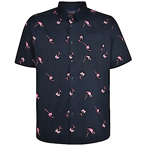 Espionage Flamingo Print Kurzarmhemd Marineblau