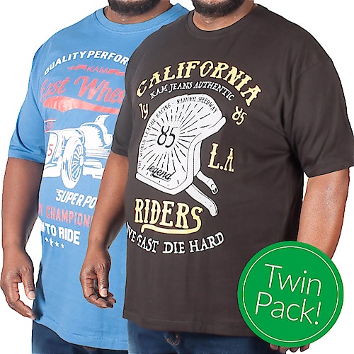 KAM Twin Pack Fast Wheels Print T-Shirts